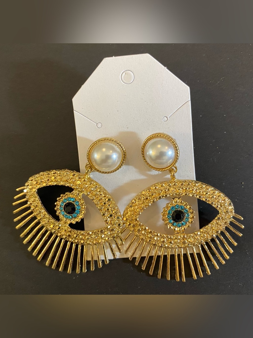 Gold Evil Eye Fringe Drop Earrings with Pearl Studs NWOT